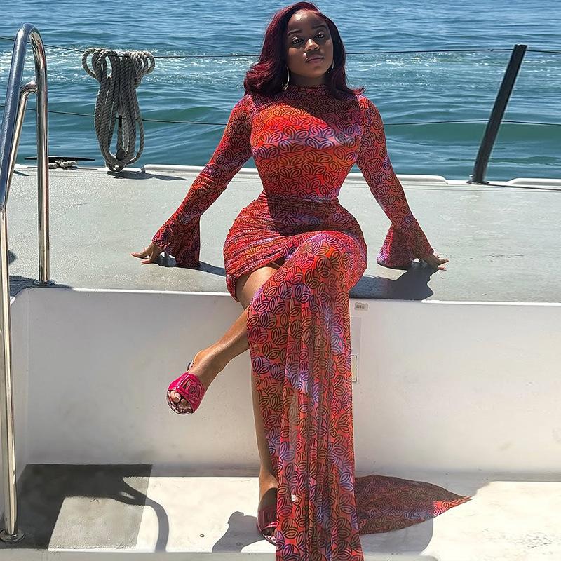 European and American Personality Hipster Women's Clothing Hip-wrapped Slim-fit Printed Fashion Irregular Skirt High-neck Long-sleeved Short Dress