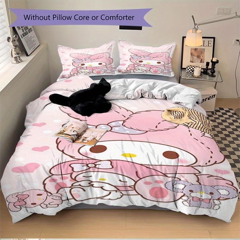 3pcs My Melody, Kawaii Breathable Polyester Bedding Set Soft Duvet Cover and 2 Pillowcases,Suitable for All Seasons, 082651b