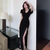 Spice Girl Black Dress Women's Summer New Temperament Drawstring Split Split Skinny Small Knee Long Dress