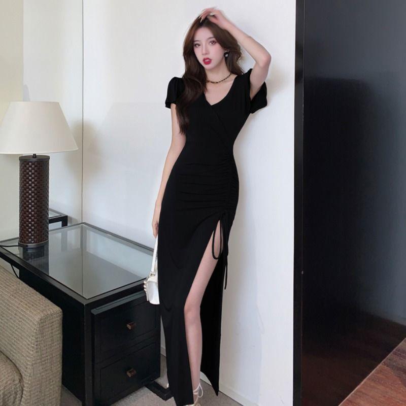 Spice Girl Black Dress Women's Summer New Temperament Drawstring Split Split Skinny Small Knee Long Dress