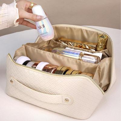 Trousse de maquillage imperméable en cuir PU à damier: Trousse de toilette de voyage portable de grande capacité