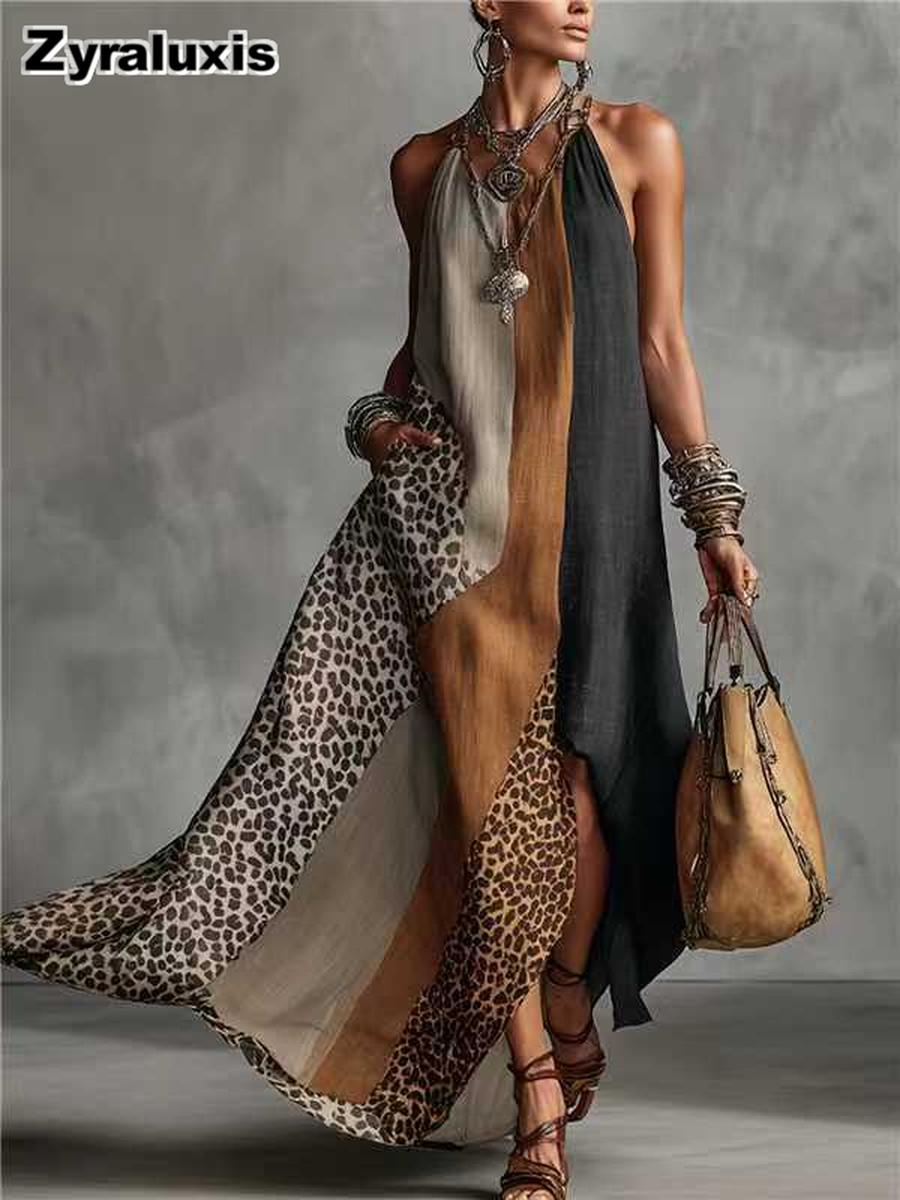 Sommer Leo-Print Patchwork Maxikleid Locker Ausgeschnitten Rock Strandurlaub Sommerkleid 3XL brown