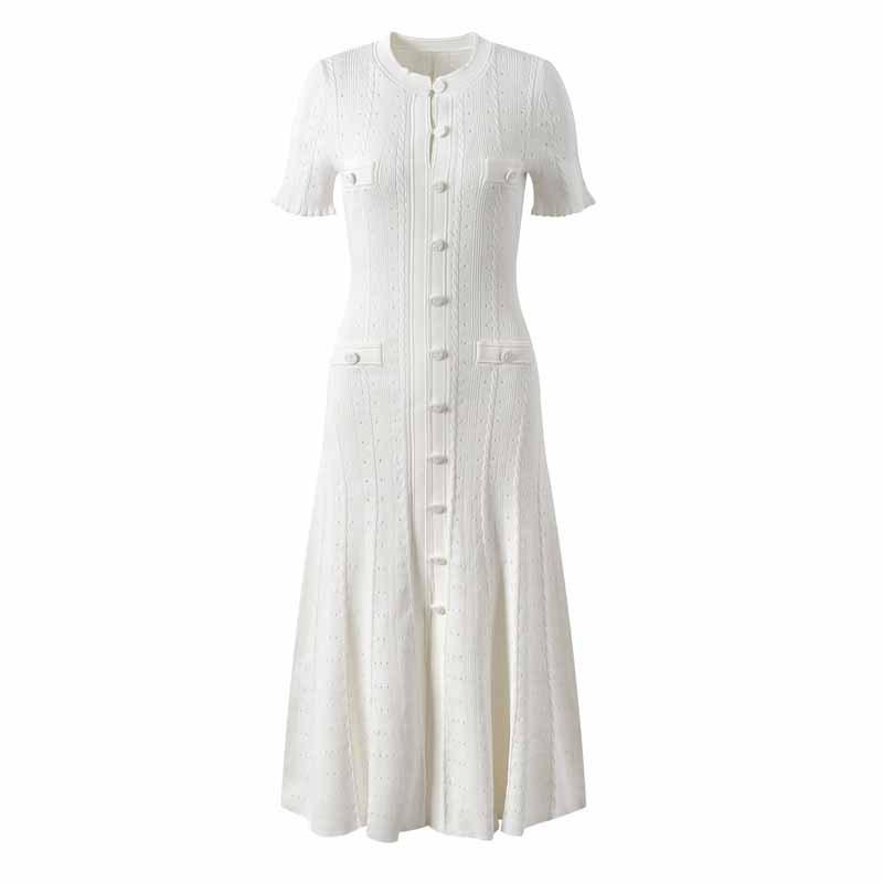 Modern Cross-Border Knitted Split Dress: Short-Sleeve, Hollow-Out, Single-Breasted, Waist-Cinching, Slimming Design