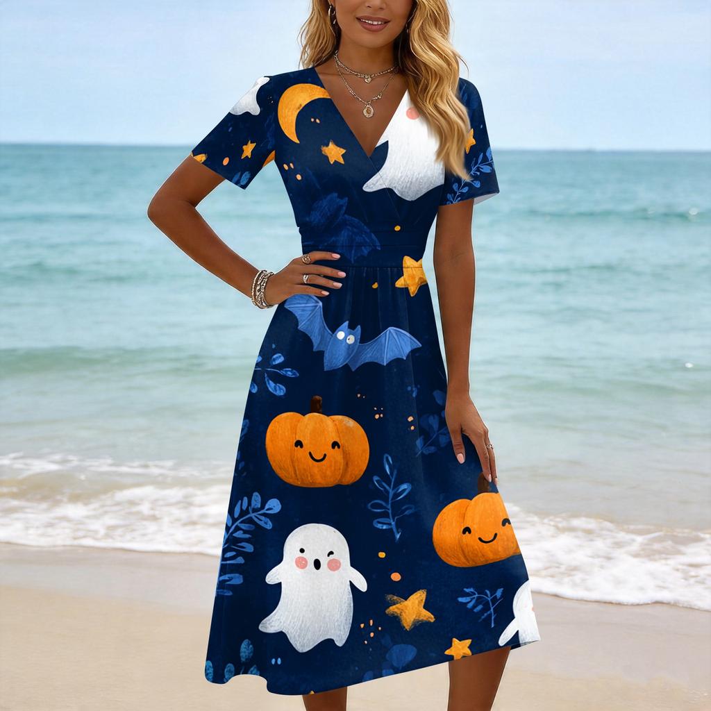 Womens Casual Halloween Printed Short Sleeve V Neck Dress Midi Length Comfortable Fit Seasonal Dress for Autumn and Fall