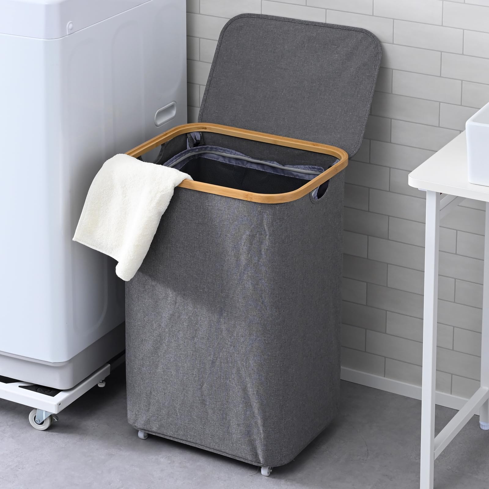 

YAMAZEN Корзина для белья на колесиках со стирающимся внутренним мешком Вода Белье Белье Ширина х Глубина 33 х Высота Готовая Сетка, Обычная, Водоотталкивающая, Мешок, Хранение, серый