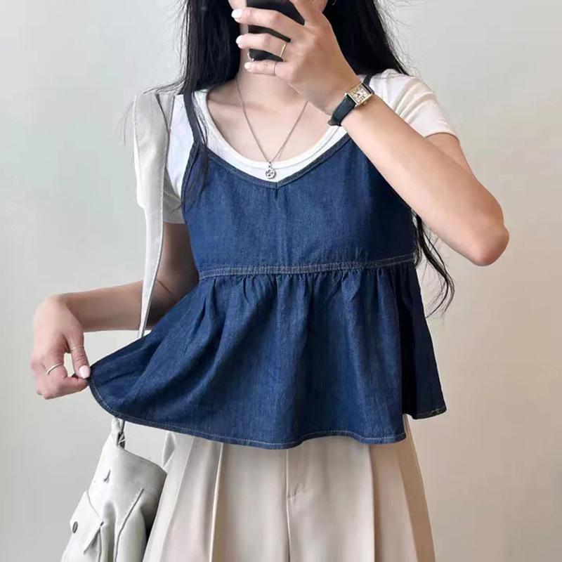 Stylová Elegance Móda Dámské Business Casual Vesta Vnější Oblečení Krátké Topy Výstřih do V Džínová Spodní Košile Skládaný Design Volánky Volný Podvazky Dámské