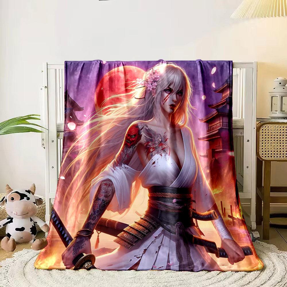Samurai Woman Under Red Moon Print Blanket Soft and Cozy Perfect for the Living Room Bed Sofa or a Nap,gift