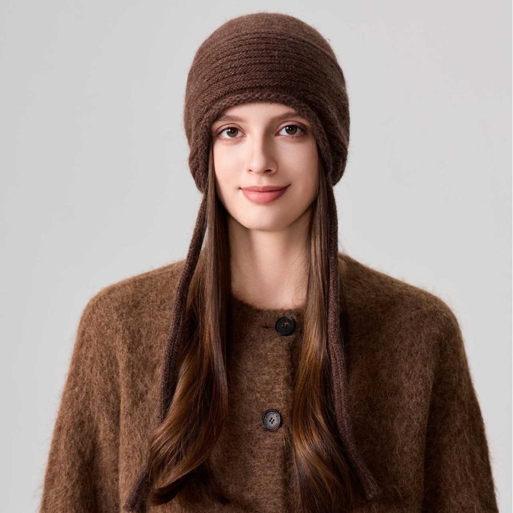 Strap ear protectors knitted hat for women, thickened warm bag head wool hat in autumn and winter, retro pullover cold hat