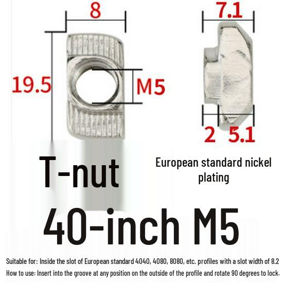 European Standard T-Nut - Rear-Mounted T-Shaped Hammer Head for Aluminum Profile (M4, M5, M6, M8) 20/30/40/45.