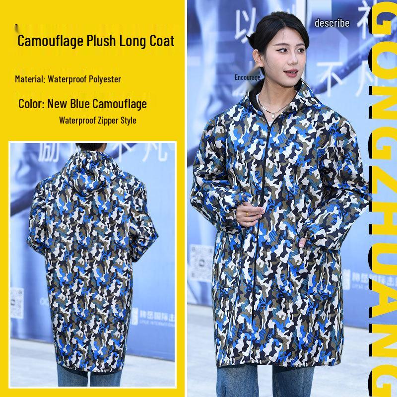 Blue Camouflage Hooded Waterproof Plush Coverall with Long Sleeves Medium