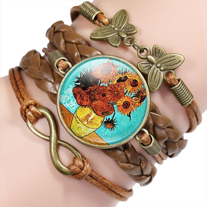 Vintage Handmade Leather Multi Layer Bracelet Butterfly Infinity Design Van Gogh Painting Crystal Bangle Jewelry Set