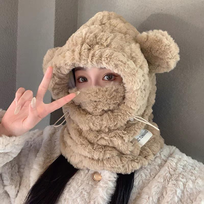 Korean-Style Plush Little Bear Hat with Ear Muffs and Integrated Scarf Mask for Winter Warmth