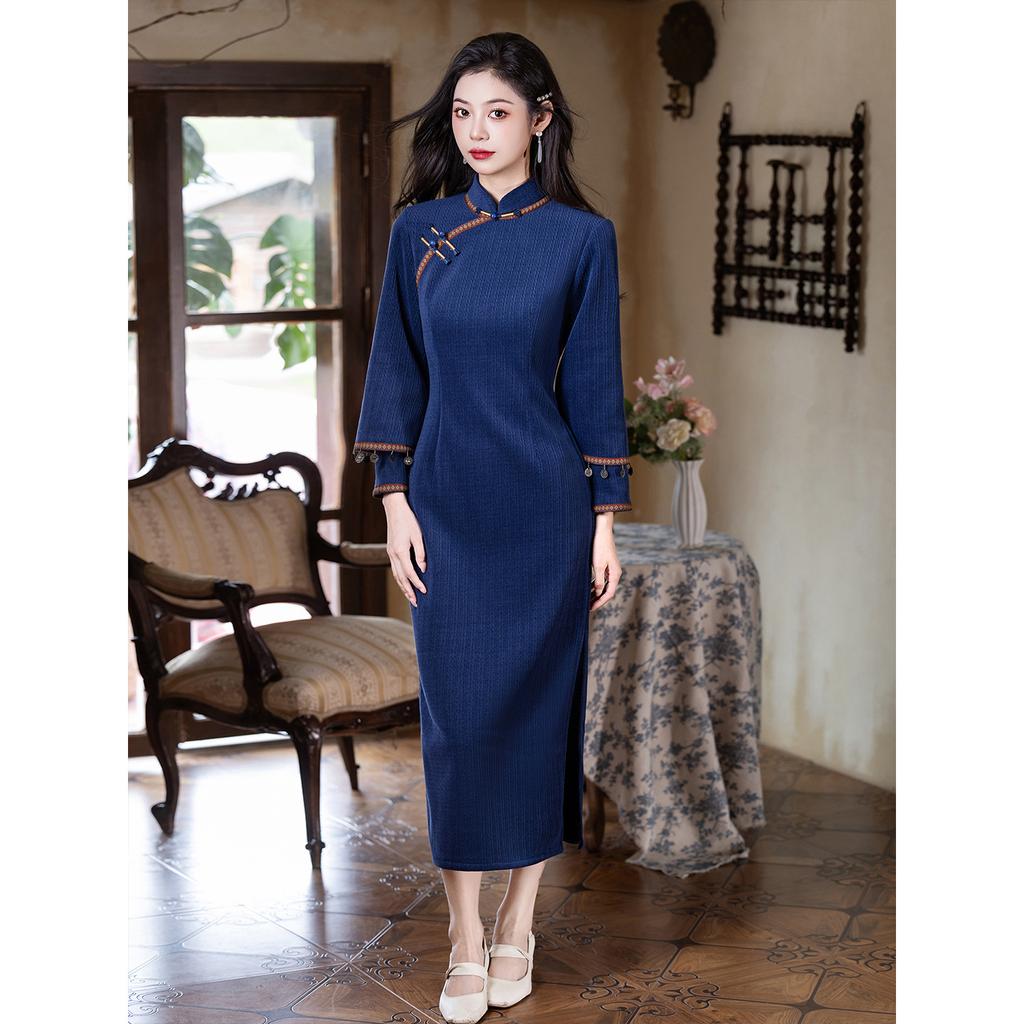 Luo Shibo "Clear Mountain Poetry" New Chinese Style Beautiful Long Sleeve Chenier Cheongsam Winter Fleece Warm Daily Women