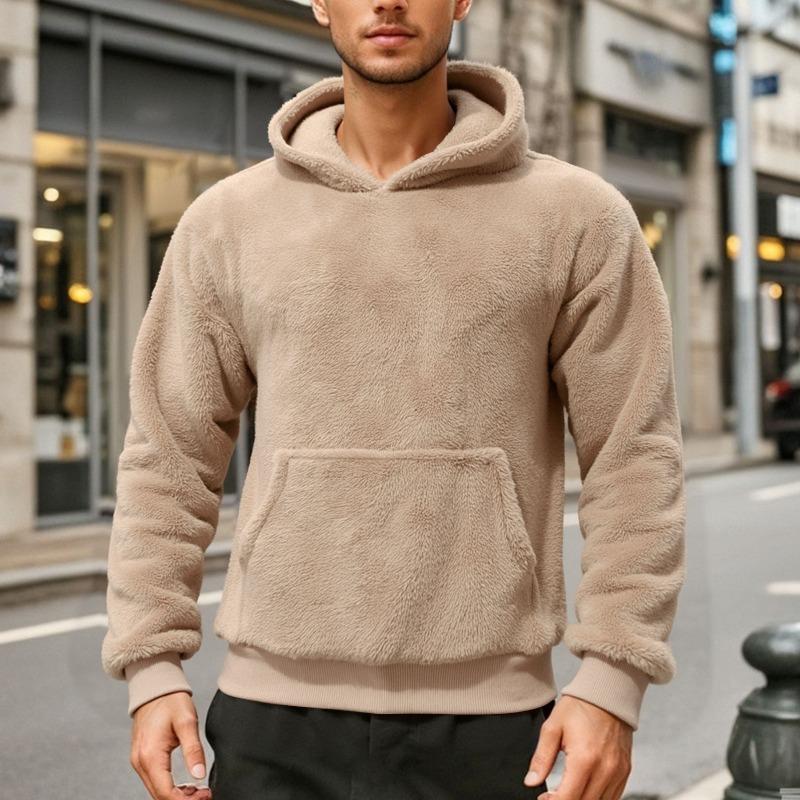 Men's Double-Sided Fleece Hoodie, Sherpa Pullover Hooded Sweatshirt, Winter Warm Outerwear