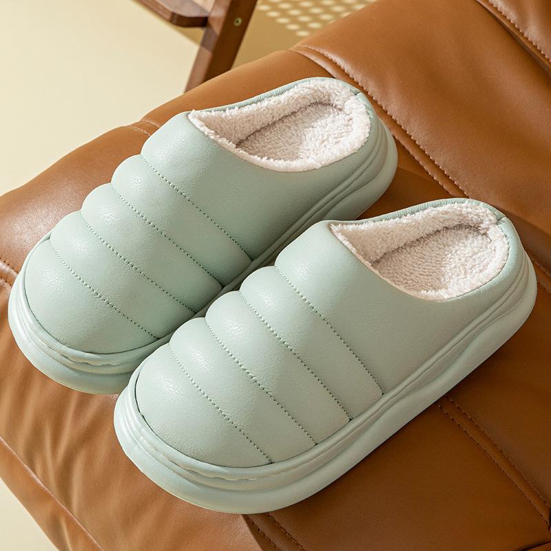 Leather cotton slippers couple autumn and winter home warmth home indoor non-slip thick-soled plush slippers men