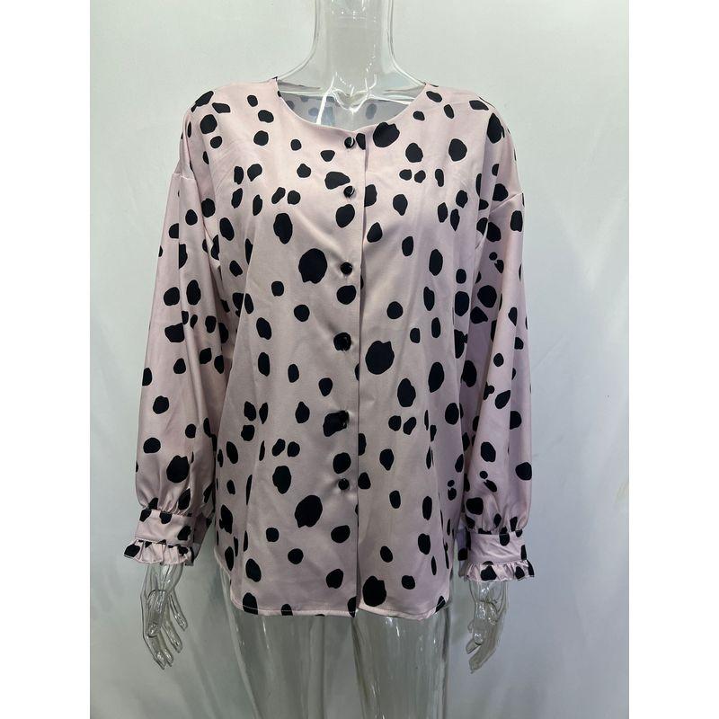 

2022 Women s Loose Leopard Print Polka Dot Long Sleeve Shirt Pink S