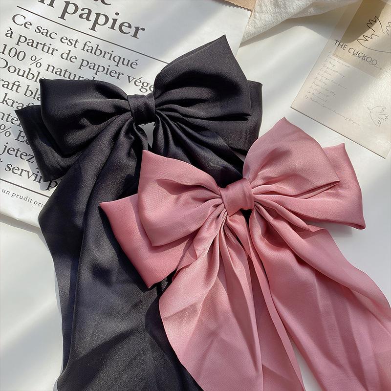 2Pcs Women Girls Oversized Black Red Long Ribbon Material Bowknot Silk Satin Hair Clip Suitable For Daily Wear Hair Accessories
