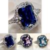 Elegant European Style Jewelry With Classic Square Cut Blue Sapphire Rhinestone Studded Ring