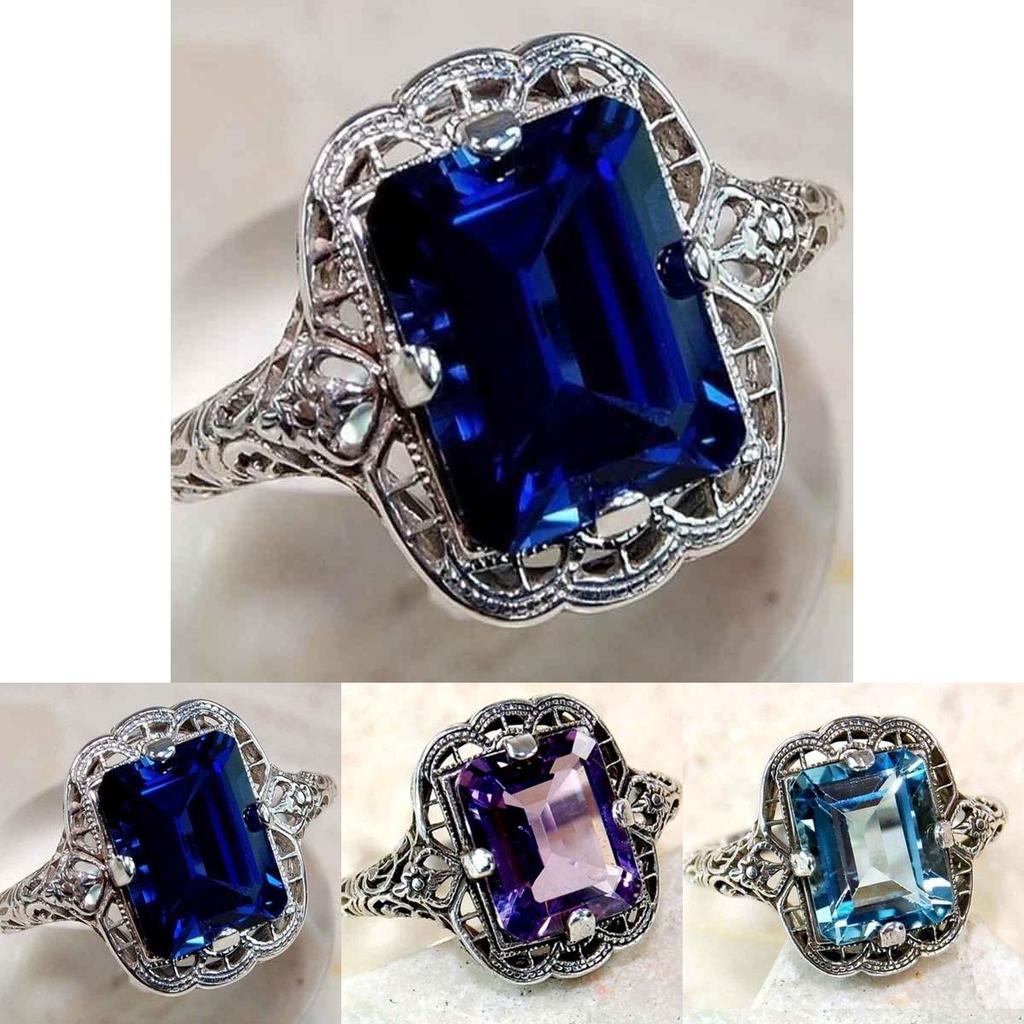 Elegant European Style Jewelry With Classic Square Cut Blue Sapphire Rhinestone Studded Ring