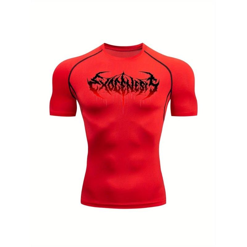 Men's Compression Shirt Quick Dry Black Gym T-Shirt Red Gradient Death Metal Drip Font Print Sportswear