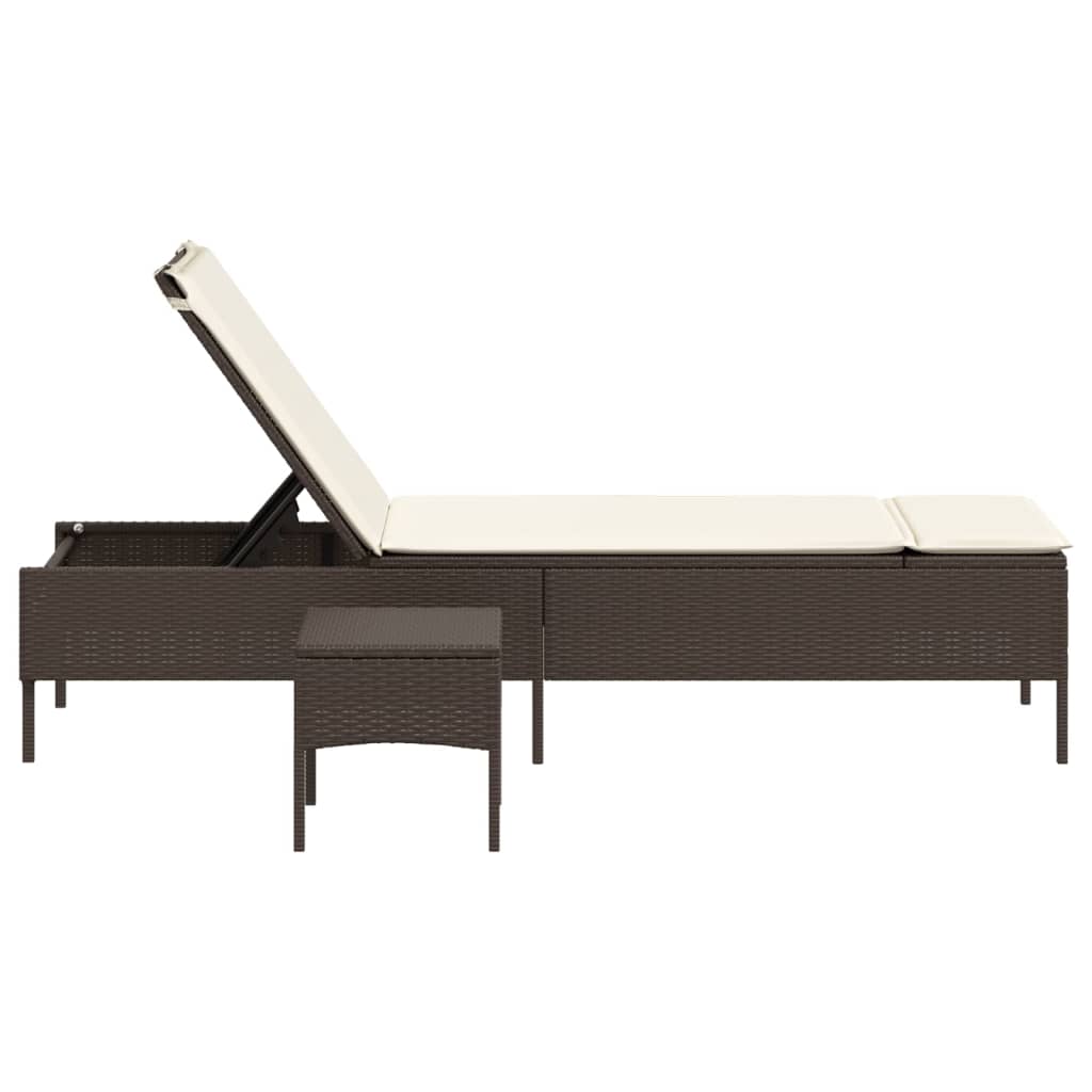 Sun Lounger with Table and Cushion Brown Poly Rattan