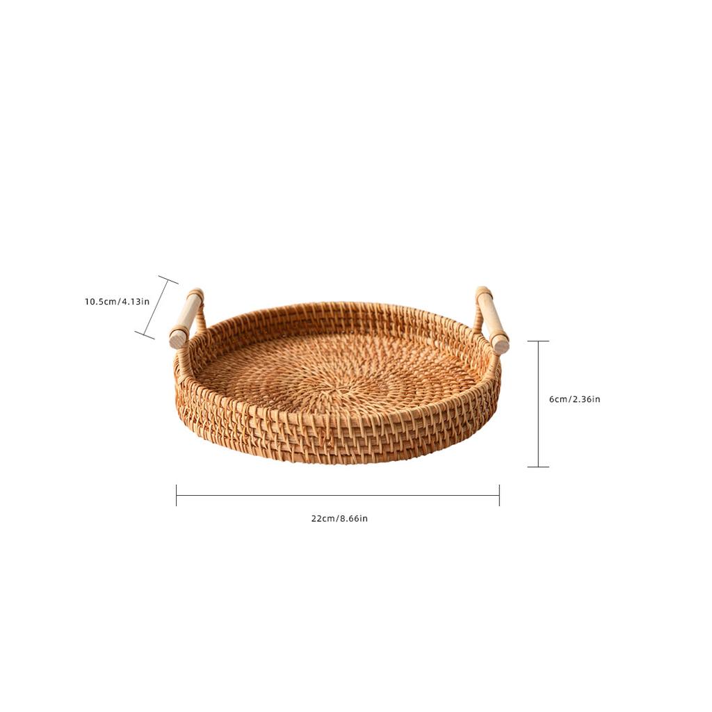 1PC Rattan Strap Handle Storage Basket Bread Snack Fruit Handwoven Tray Outdoor Coffee Afternoon Tea Picnic Kitchen Household