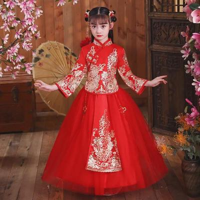 Girls' Hanfu Festive New Year Dress - Autumn/Winter Thickened Chinese-Style Cheongsam & Tang Suit