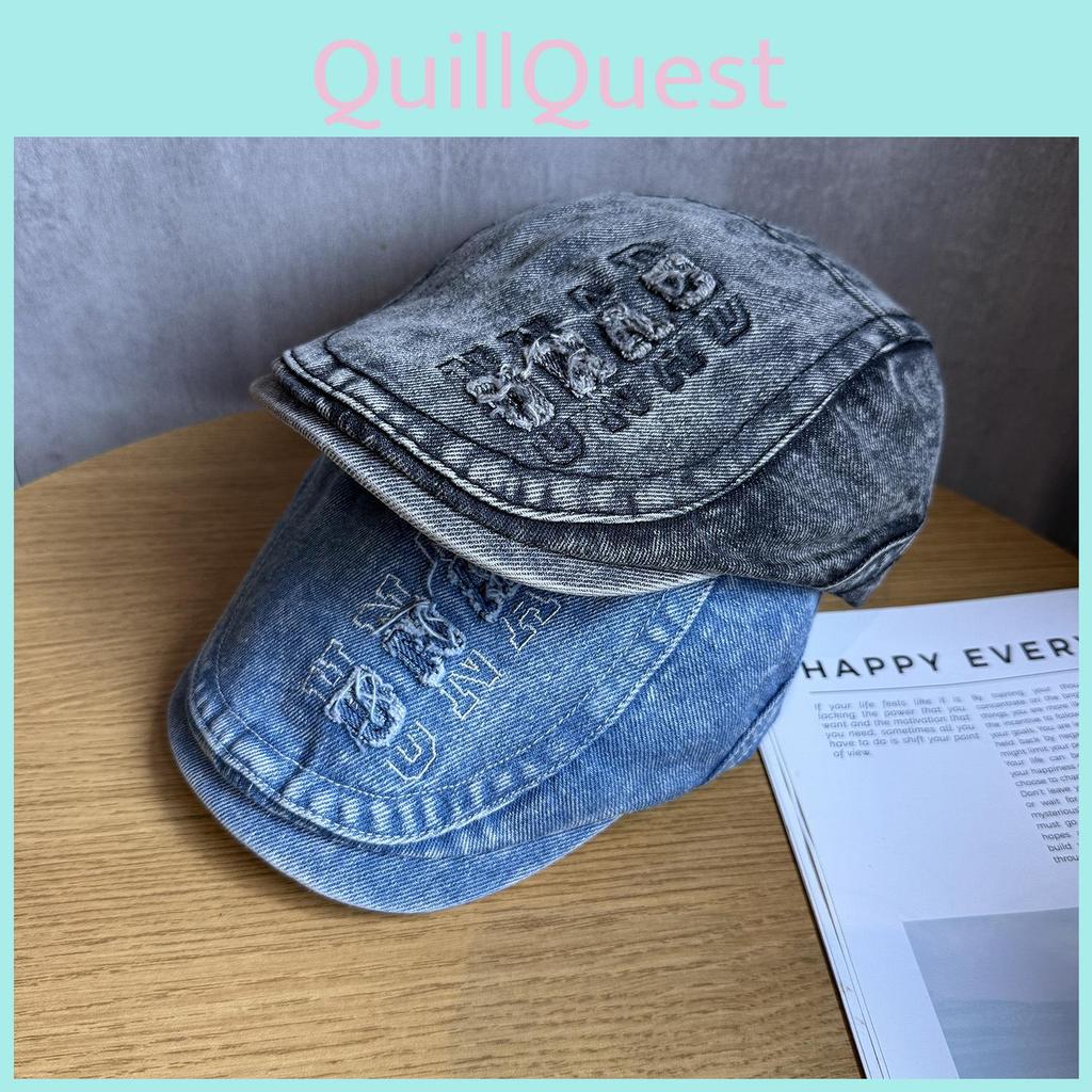 Denim Retro Letter Beret Hat With Wide Brim For Women Streetwear Everyday Use