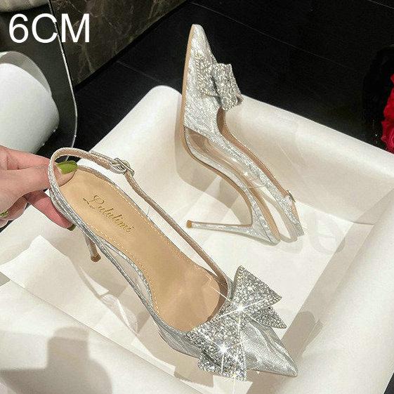 Fashion 2025 New High-Heeled Wedding Shoes Bride Shoes Thin Heel Pointed Toe Sandals Nightclub Rhine-Diamond Shoes Bow