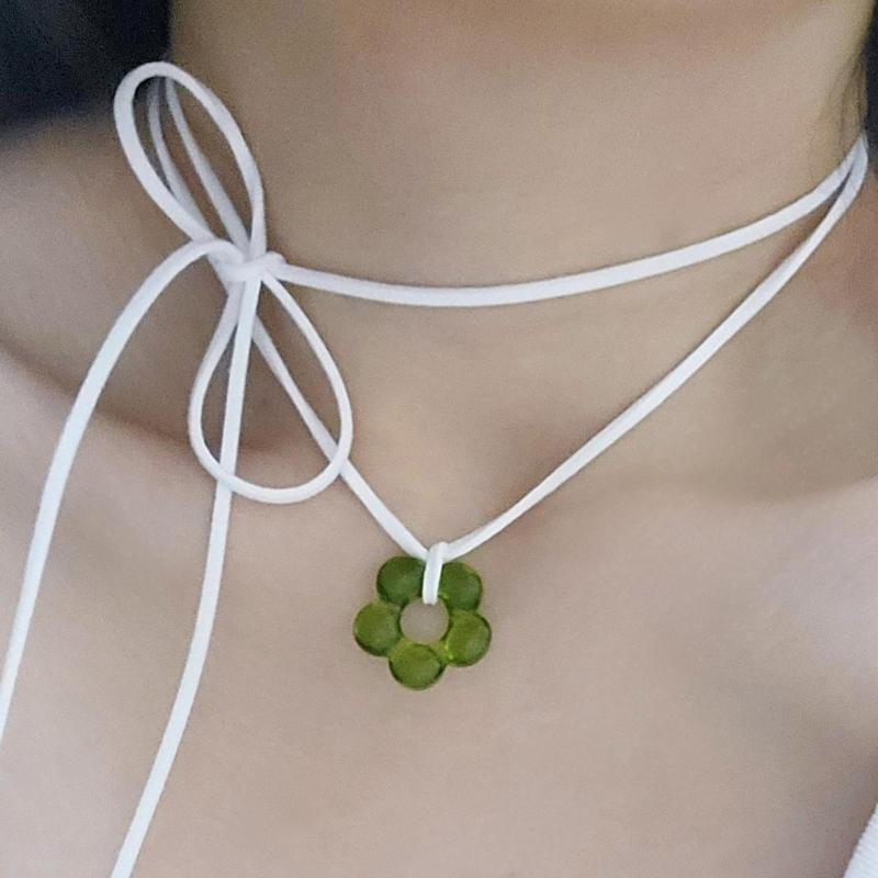 Sweet Glass Flower Pendant Necklace Fashion Statement Choker Neck Chain Simple Cord Collar Necklace Party Jewelry
