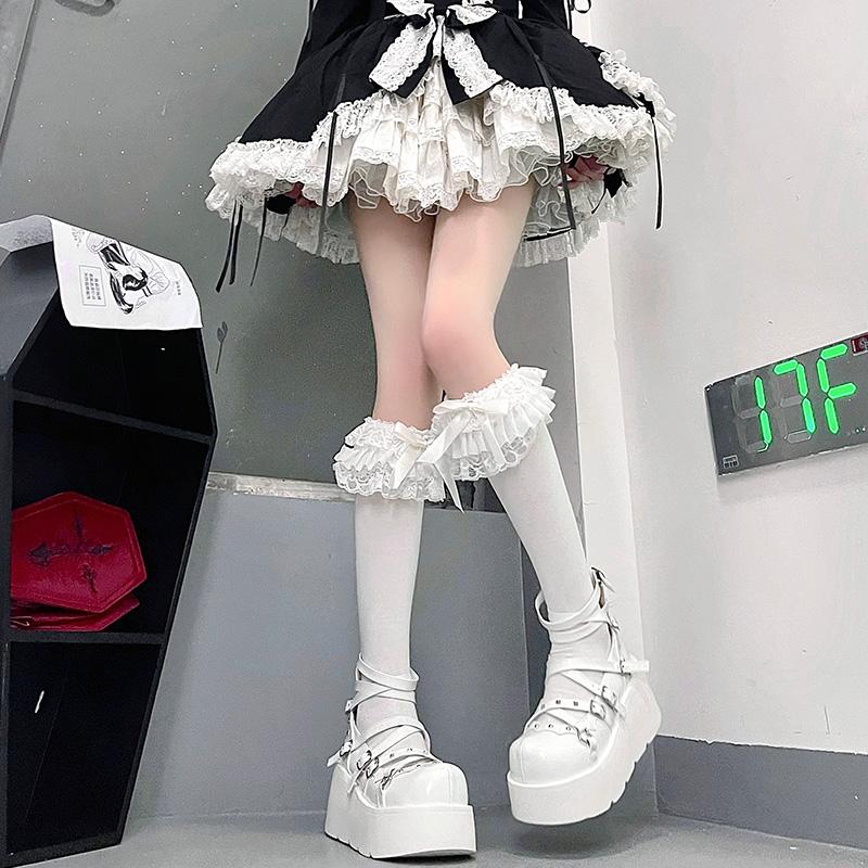 

Socks female cute Japanese Lolita multi-layer lace tube socks bow black and white lolita calf socks One Size белый