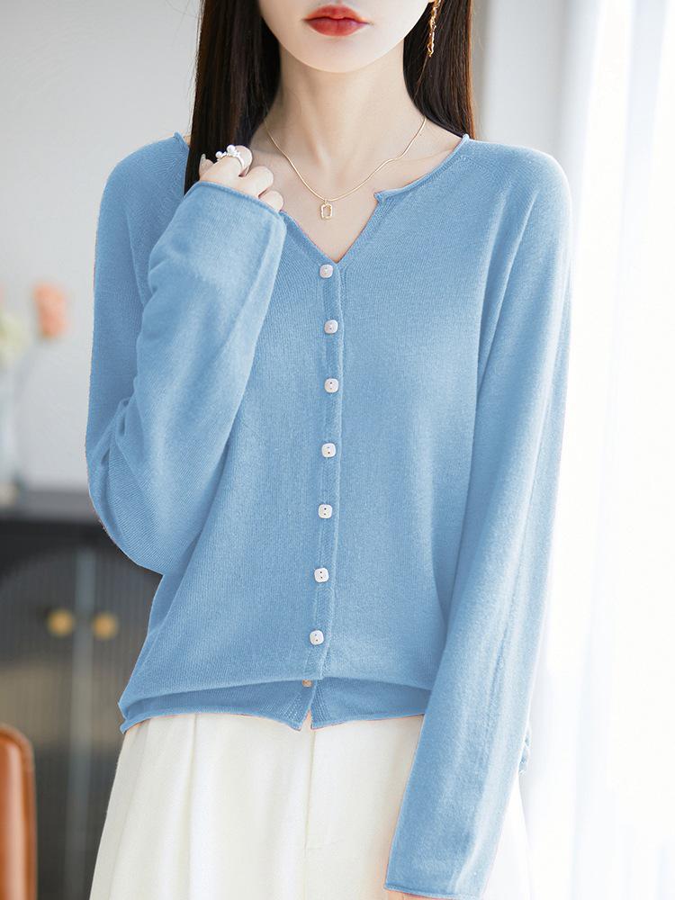 2026 Spring/Autumn Women's V-Neck Fine Wool Knit Cardigan - Long Sleeve, Solid Color, Loose Fit