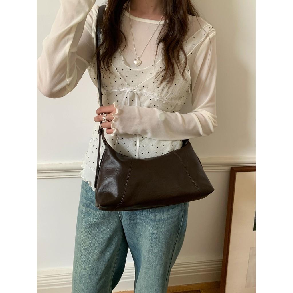 IELGY Soft Leather One-Shoulder Underarm Bag Spring Summer Simple All-Match Commuter Cross-Body Dumpling Bag