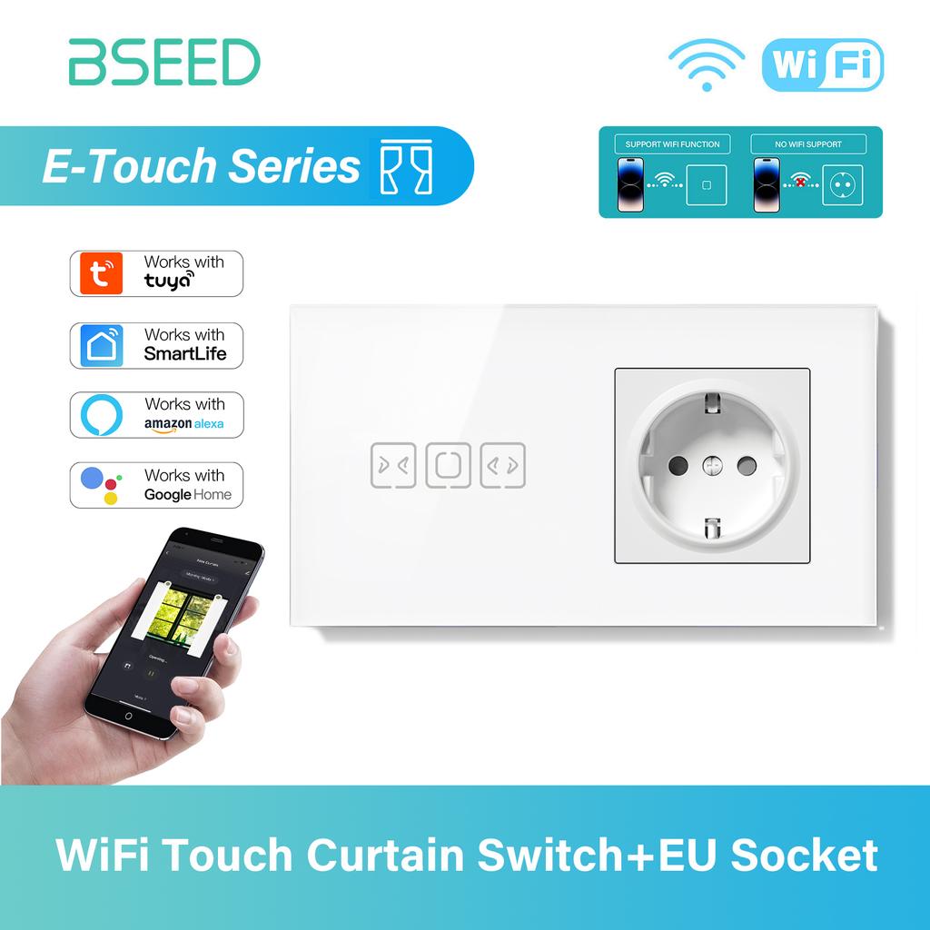 BSEED Tuya WIFI Curtain Switch Smart Touch Curtain Switches Glass Frame Tuya APP Switch EU Wall Sockets with USB-C for Villa Ho