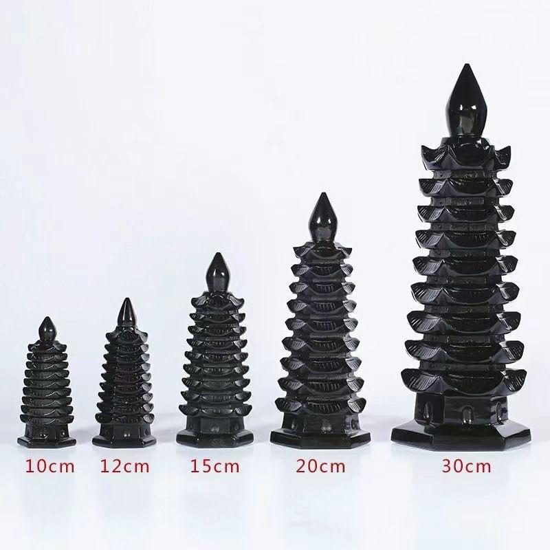 Natural obsidian nine-story Wenchang Pagoda, black crystal thirteen-story decorative piece for study, living room, or office desk Height109 centimeters