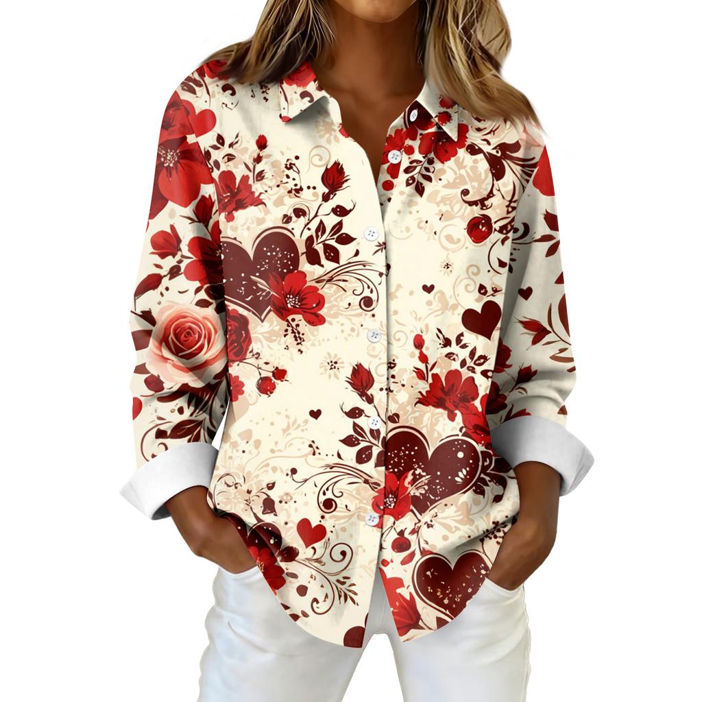 Damen Hemd Bluse Weihnachtsdruck Knopf Langarm Casual Basic Hemdkragen Normales Oberteil