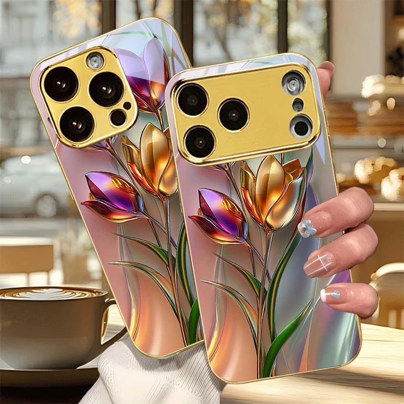 Glossy Metallic Flower Electroplated Golden Phone Case For iPhone 17 16 15 14 13 12 11 Pro Max Plus 16E 17Air 7 8 X Glass Cover