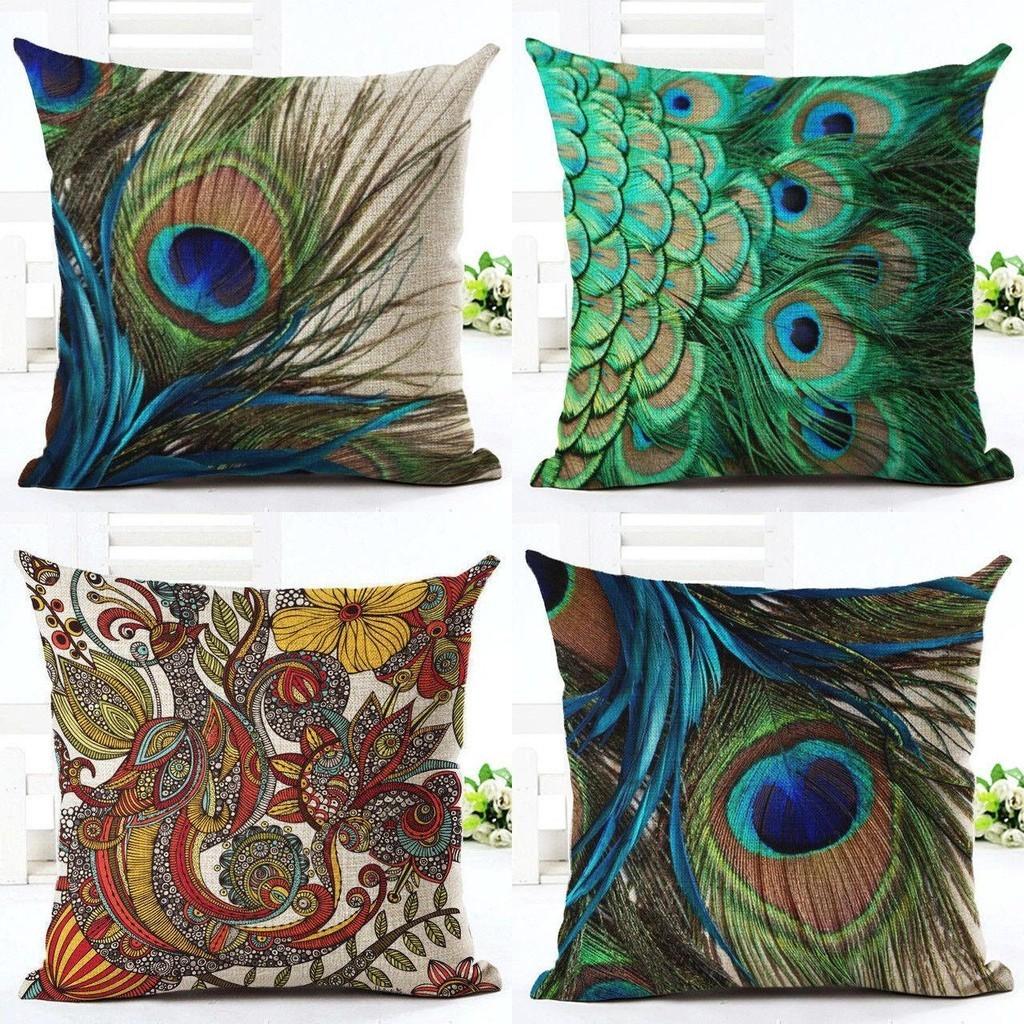 Luxuriöser Kissenbezug aus Leinen in atemberaubendem Pfauendesign für Sofa und Schlafzimmer