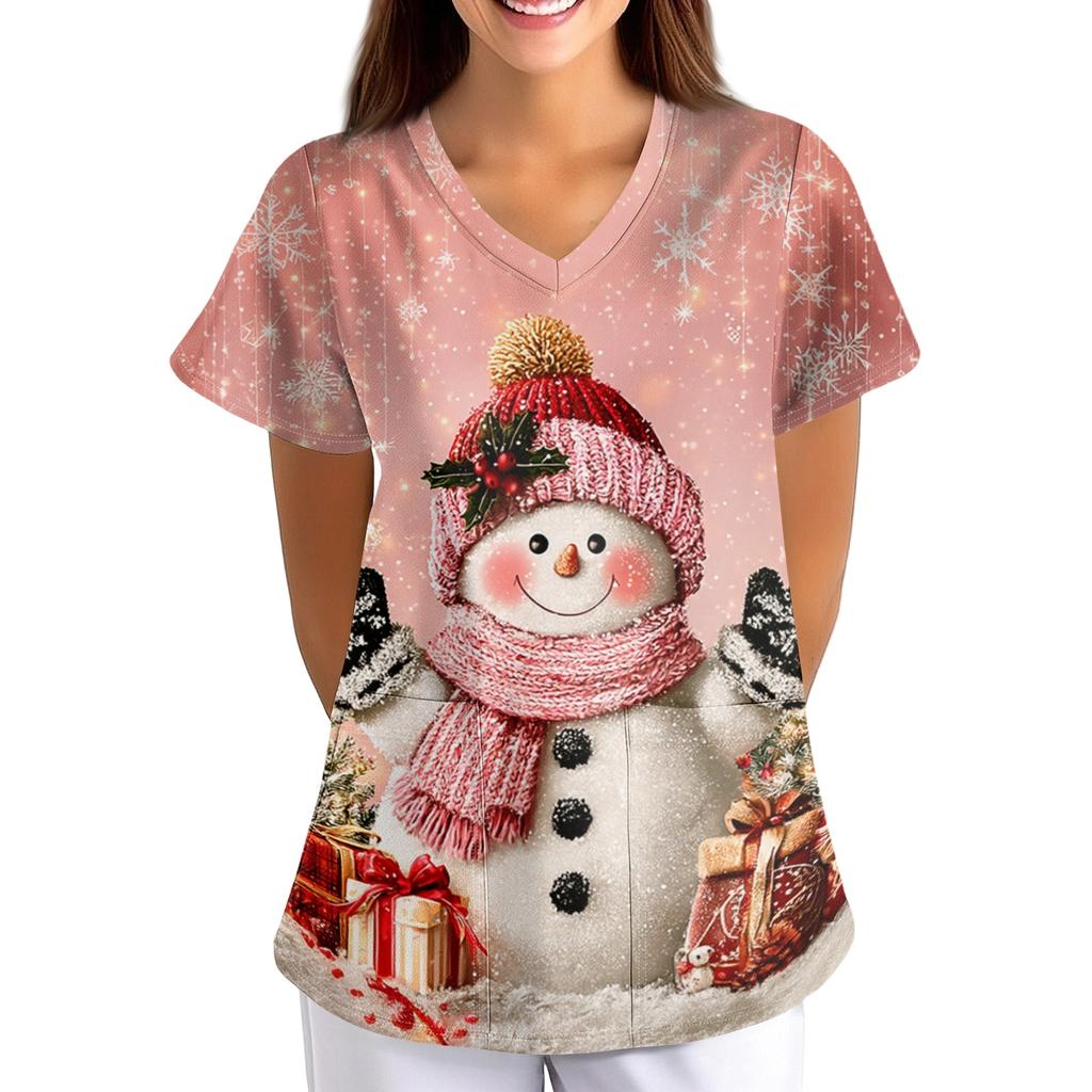 Women's Christmas Print Loose Fit V-Neck Short Sleeve Scrub Top with Pockets for Work