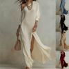 Women's One Shoulder Long Sleeve Loose Fit Textured Knit Maxi Dress Side Split Solid Casual Beach Vacation Long Dress