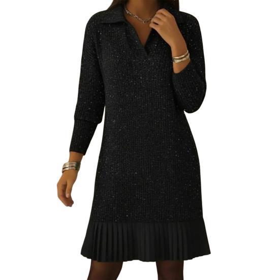 Women Knit Mini Fall Sweater Dress Sparkly Long Sleeve Lapel V Neck Dress Casual Ribbed Pullover Pleated Swing Dress