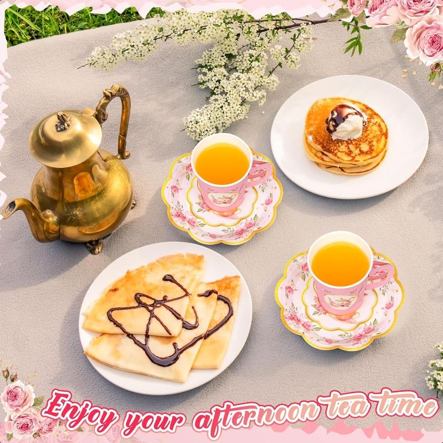 

60 штук украшений для чаепития включают 30 шт. бумажных стаканов по 9 унций с ручкой и 30 шт. бумажных тарелок для чаепития, одноразовые, с цветочным узором United States