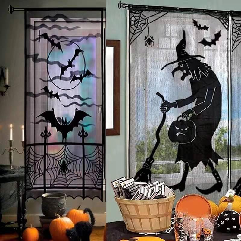 Spider Witch Bat Skull Door Curtain Ghost Festival Black Lace Curtain Halloween Decoration Home Party Decoration