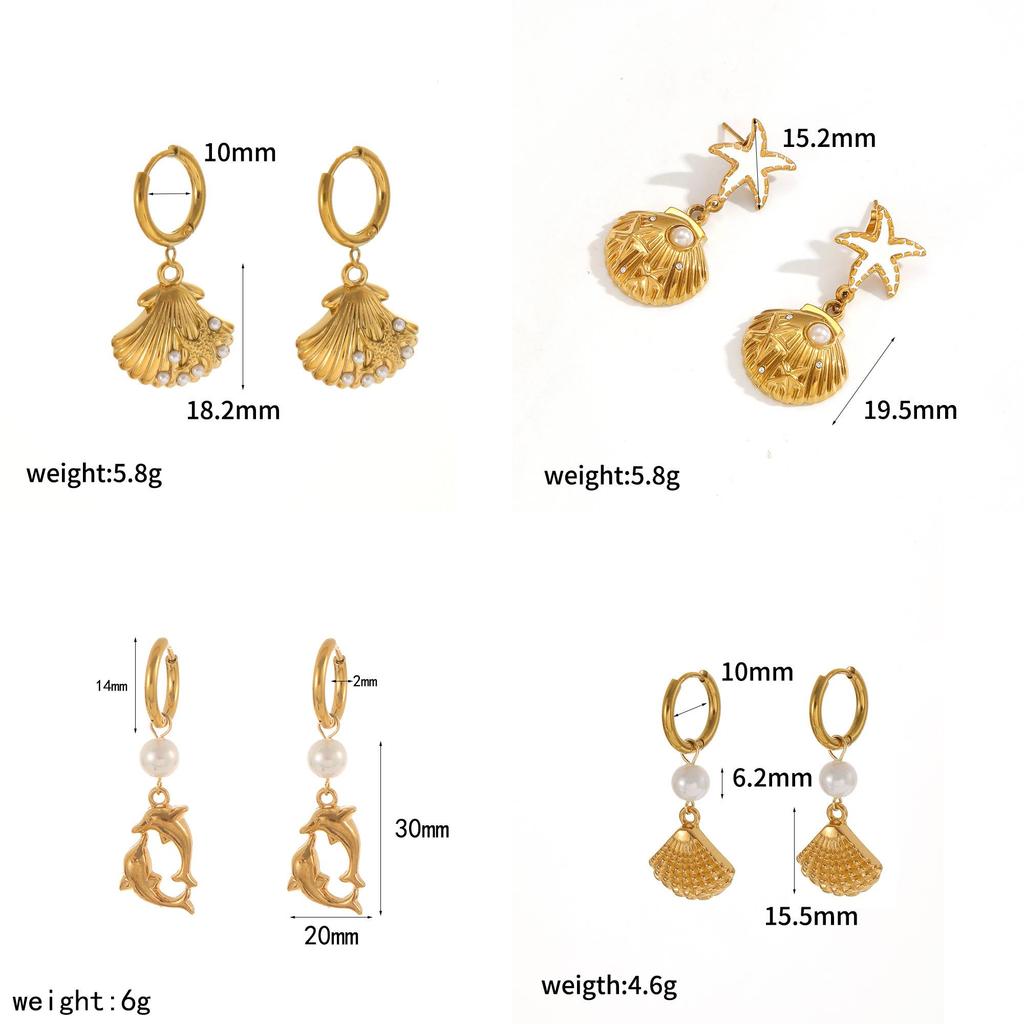 Brincos Série Oceano de Conchas e Cavalos-marinhos em Aço Inoxidável com Banhos de Ouro para Mulheres