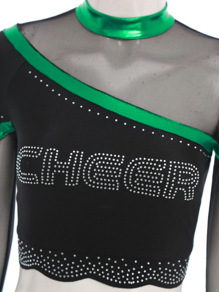 Womens Cheerleading Costume Set Long Sleeve Rhinestone Crop Top Matching Dance Skirt Performance Outfit