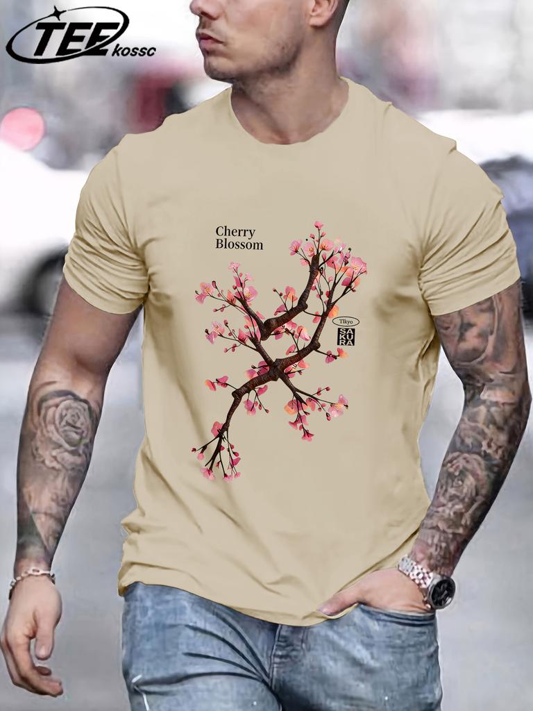 Beautiful Cherry Blossoms Printing Retro TShirt Mens Loose Cotton Tee Shirts Trendy Summer Clothing Unisex AllMatch Streetwear