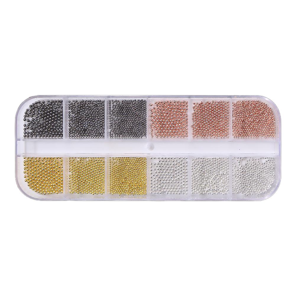 12Grids Mixed Mini Round Beads Nail Art Decor DIY 3D Nail Charms Micro Metal Ball Gold Silver Black Metal Beads for UV Gel Nail