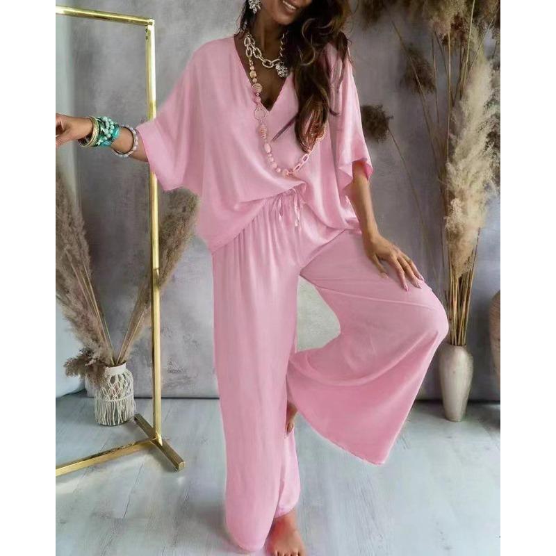 

Летний вискозный топ с v-образным вырезом и рукавами «летучая мышь», повседневный брючный костюм на шнуровке, повседневный костюм для отпуска, вечерние, повседневное платье 2XL розовый