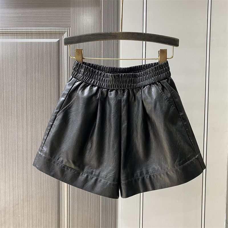 

K-style Elegant Elastic Waist PU Leather Shorts Women s Autumn and Winter New Arrival High Waist A- line Wide Leg Slim Fit Casual Boot Pants Black L