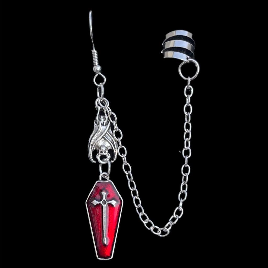 Gothic Sliver Color Bat Red Drip Glaze Coffin Shape Cross Relief Pendant Dangle Earrings Connect Ear Bone Clip for Women Jewelry